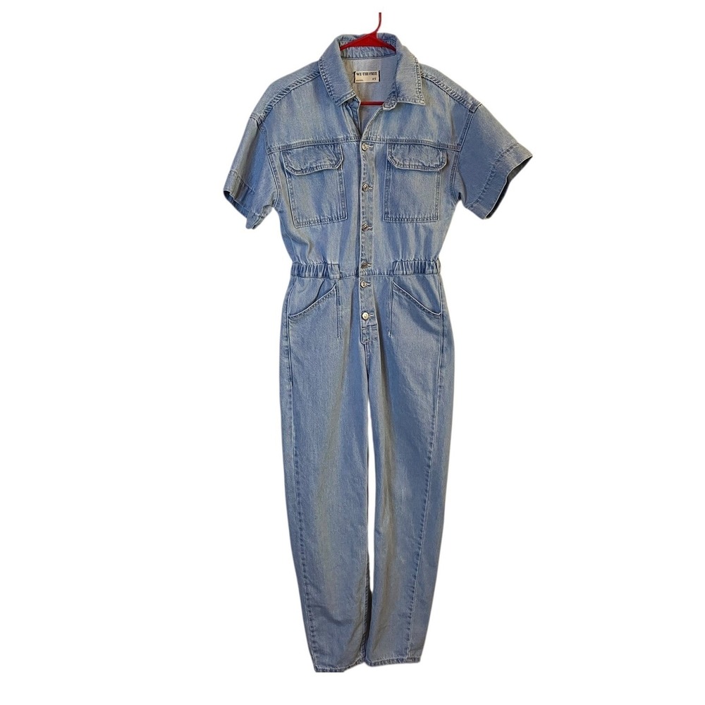 We The Free People Denim Jumpsuit Elastic Waist Women's Size XS Blue Jean